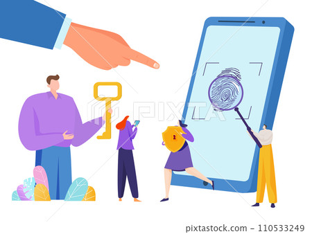Three people interacting with a giant smartphone displaying a fingerprint scan. Key, shield and mobile security concept, data protection. Digital security and privacy measures vector illustration Three people interacting with a giant smartphone displaying a fingerprint scan. Key, shield and mobile security concept, data protection. Digital security and privacy measures vector illustration 110533249