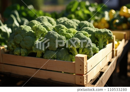 Organic broccoli in a wooden box. Generative AI 110533280