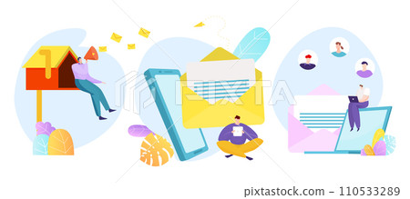 People interacting with large email icons, envelopes, smartphone, laptop. Communicating online, email marketing campaign, digital correspondence vector illustration People interacting with large email icons, envelopes, smartphone, laptop. Communicating online, email marketing campaign, digital correspondence vector illustration 110533289