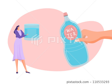 Woman choosing glass of water over plastic bottle. Making healthy choices, environmental awareness vector illustration Woman choosing glass of water over plastic bottle. Making healthy choices, environmental awareness vector illustration 110533293