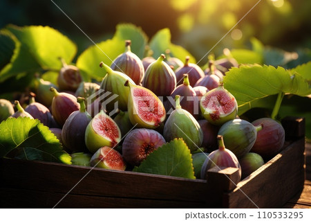 Organic figs in a wooden box. Generative AI Organic figs in a wooden box. Generative AI 110533295