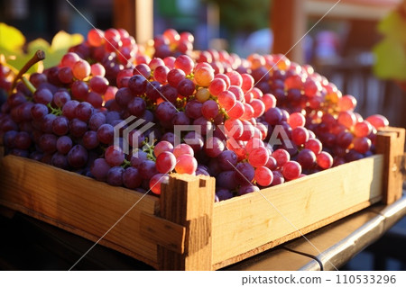 Red wine comes from vineyard in wooden box. Generative AI 110533296