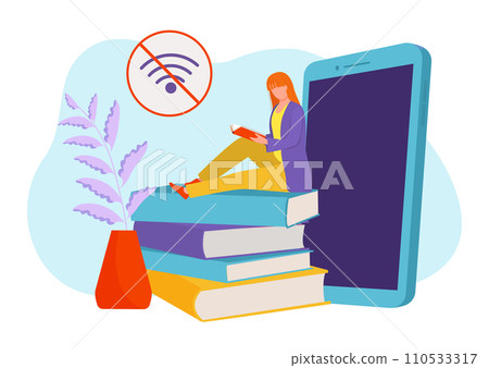 Woman reading book sitting on stack of giant books next to a smartphone. Digital detox concept, leisure time without internet. Vector illustration. Woman reading book sitting on stack of giant books next to a smartphone. Digital detox concept, leisure time without internet. Vector illustration. 110533317