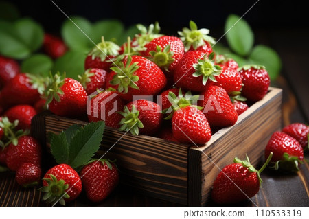 Organic strawberries in a wooden box. Generative AI 110533319