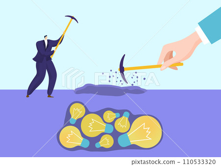 Businessman mining light bulbs, hand with pickaxe digging ideas. Concept of idea discovery, innovation mining, intellectual work vector illustration 110533320