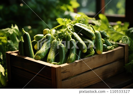 Organic zucchini in a wooden box. Generative AI 110533327