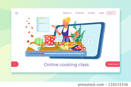 Blonde female chef cooking in an online class. Culinary course, video tutorial, web kitchen concept. Cooking lessons, internet education vector illustration Blonde female chef cooking in an online class. Culinary course, video tutorial, web kitchen concept. Cooking lessons, internet education vector illustration 110533336