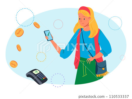 Blonde woman making contactless payment with phone at POS terminal. Cashless transaction, NFC technology. Modern lifestyle and digital finance vector illustration 110533337