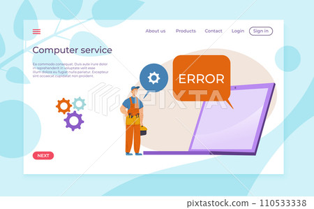 Male technician with tools next to computer screen showing error message. Digital repair, computer maintenance concept vector illustration Male technician with tools next to computer screen showing error message. Digital repair, computer maintenance concept vector illustration 110533338