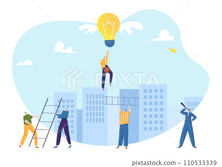 Team working to build bridge, person flying with light bulb balloon. Innovation and teamwork concept in business. Problem solving and creativity vector illustration Team working to build bridge, person flying with light bulb balloon. Innovation and teamwork concept in business. Problem solving and creativity vector illustration 110533339