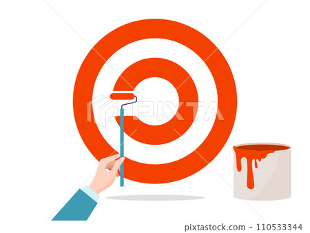 Hand painting large target symbol with roller brush. Red and white bullseye with paint can. Achieving goals, precision in business vector illustration Hand painting large target symbol with roller brush. Red and white bullseye with paint can. Achieving goals, precision in business vector illustration 110533344
