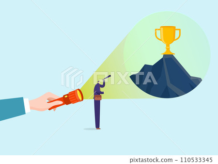 Businessman with briefcase looking at trophy on mountain through flashlight. Career goal achievement, success concept vector illustration Businessman with briefcase looking at trophy on mountain through flashlight. Career goal achievement, success concept vector illustration 110533345