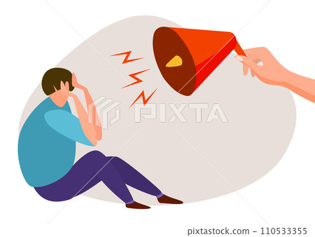 Person holding megaphone shouting at sitting man. Concept of loud announcement, stress, headache vector illustration 110533355