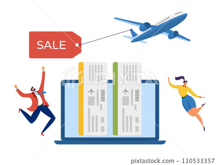 Excited man and woman jumping, airplane with sale tag, laptop showing boarding passes. Joy of cheap flights and online booking vector illustration 110533357