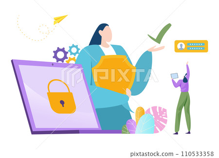 Female character holding a shield protecting from cyber threats next to a computer screen with a lock symbol. Data security and online safety concept illustration Female character holding a shield protecting from cyber threats next to a computer screen with a lock symbol. Data security and online safety concept illustration 110533358