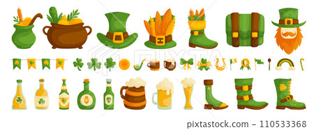 Set of symbols and elements for St. Patrick's Day. Bottles of beer, glasses of beer, cone hats, cauldrons with gold, three-leaf and four-leaf clovers, flags, horseshoes, boots and bows. Green palette Set of symbols and elements for St. Patrick's Day. Bottles of beer, glasses of beer, cone hats, cauldrons with gold, three-leaf and four-leaf clovers, flags, horseshoes, boots and bows. Green palette 110533368