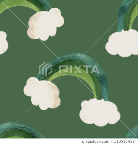 Seamless pattern with symbols of Ireland. Wrapping paper for St. Patrick's Day. Watercolor in vintage style on a green background. Seamless pattern with symbols of Ireland. Wrapping paper for St. Patrick's Day. Watercolor in vintage style on a green background. 110533438