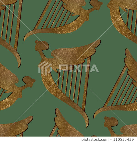 Golden Celtic harp with a female silhouette. Seamless pattern with symbols of Ireland. Wrapping paper for St. Patrick's Day. Watercolor in vintage style on a green background. Golden Celtic harp with a female silhouette. Seamless pattern with symbols of Ireland. Wrapping paper for St. Patrick's Day. Watercolor in vintage style on a green background. 110533439