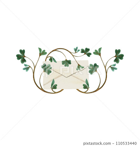 White paper mailing envelope with green four leaf clover for St. Patrick's Day invitation entangled with shamrock clover. Isolated watercolor illustration on white background. Clipart. 110533440