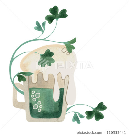 A glass mug of green ale with high foam is entangled with shamrock clover. Beer. Symbol of Ireland. St.Patrick 's Day. Isolated watercolor illustration in vintage style. 110533441