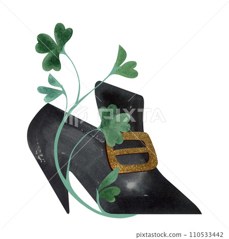 An old-fashioned pointed shoe with a gold buckle entwined with shamrock clover leaves. Vintage and retro style. Isolated watercolor illustration on white background An old-fashioned pointed shoe with a gold buckle entwined with shamrock clover leaves. Vintage and retro style. Isolated watercolor illustration on white background 110533442