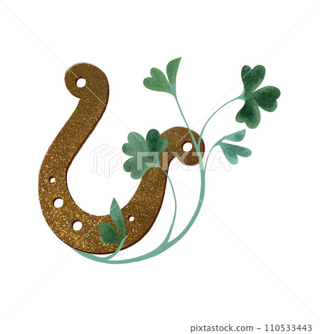 A golden horseshoe entangled with a clover-shamrock. Symbol of good luck. Isolated watercolor illustration on white background. Clipart. 110533443