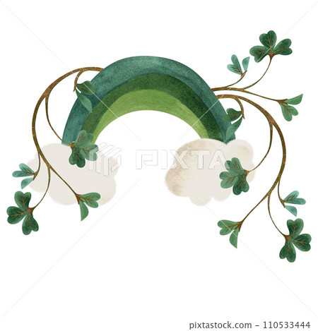 A green rainbow and two clouds entangled with clover shamrock. The place where the Leprechaun's treasure is hidden. St.Patrick 's Day. Symbol of Ireland and good luck. Isolated watercolor illustration A green rainbow and two clouds entangled with clover shamrock. The place where the Leprechaun's treasure is hidden. St.Patrick 's Day. Symbol of Ireland and good luck. Isolated watercolor illustration 110533444