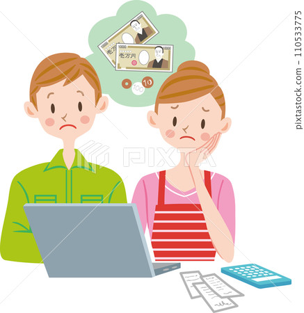Couple keeping household account book, deficit, troubled Couple keeping household account book, deficit, troubled 110533775