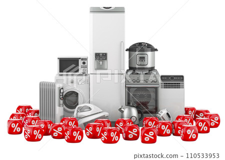 Kitchen and household appliances with discount cubes. Sale and discount concept, 3D rendering Kitchen and household appliances with discount cubes. Sale and discount concept, 3D rendering 110533953