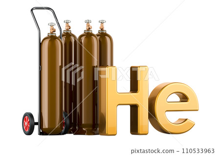 Gas cylinders with Helium He, Brown gas cylinder with hand truck. Helium Delivery Service, concept. 3D rendering Gas cylinders with Helium He, Brown gas cylinder with hand truck. Helium Delivery Service, concept. 3D rendering 110533963