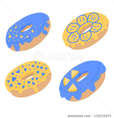 Set of twelve donuts with white, pink and chocolate glaze and sprinkles isolated on a white background. Vector illustration. Vector illustration 110533975