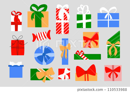 Gift giving season banner. Set of Christmas gifts in geometric wrapping paper. Vector top view illustration of Christmas presents for social media, blog articles on gift guide and giveaway themes Gift giving season banner. Set of Christmas gifts in geometric wrapping paper. Vector top view illustration of Christmas presents for social media, blog articles on gift guide and giveaway themes 110533988