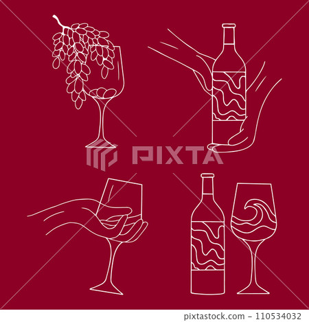 Set of templates drawing glasses with wine and bottle .Vector illustration. White drawing, party celebration, cute glass. Vector illustration Set of templates drawing glasses with wine and bottle .Vector illustration. White drawing, party celebration, cute glass. Vector illustration 110534032