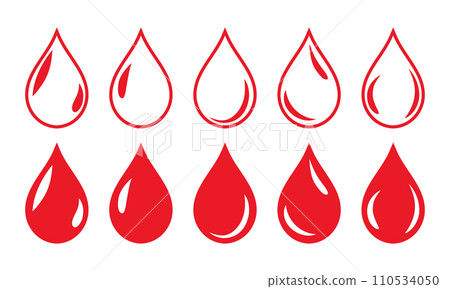 Blood drop symbol icon with shine set of five in red color with fill and outline. Blood drop shape. Blood drops set  isolated on white background. 110534050