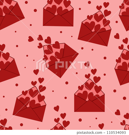 Love letters seamless pattern. Repeating design element for printing on wrapping. Surprise, gift, love and romance. March 8, wedding anniversary and Valentines day. Cartoon flat vector illustration 110534093