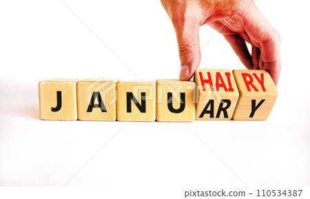 Januhairy or January symbol. Concept words Januhairy or January on beautiful wooden blocks. Beautiful white table white background. Man hand. Social issues Januhairy or January concept. Copy space. Januhairy or January symbol. Concept words Januhairy or January on beautiful wooden blocks. Beautiful white table white background. Man hand. Social issues Januhairy or January concept. Copy space. 110534387