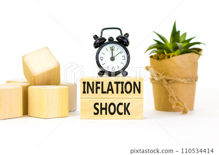 Inflation shock symbol. Concept words Inflation shock on wooden blocks. Beautiful white table white background. Black alarm clock. House plant. Business inflation shock concept. Copy space. 110534414