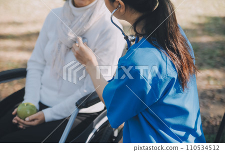 nurse with elderly man in wheelchair at park nurse with elderly man in wheelchair at park 110534512