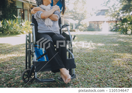 Young asian caretaker with 60s asia elderly woman consulting and encourage, take a history and recommend the right treatment to live happily in retirement, holding hands and encouraging Young asian caretaker with 60s asia elderly woman consulting and encourage, take a history and recommend the right treatment to live happily in retirement, holding hands and encouraging 110534647