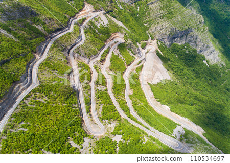 aerial view of Serpentine road in Albanian mountains 110534697
