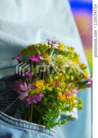 Beautiful tender flowers in front pocket of jeans Beautiful tender flowers in front pocket of jeans 110534719