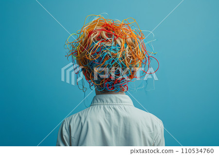 The head of a boy standing with his back to us is covered with multi-colored tangled threads, the concept of adhd and mental problems on a blue background 110534760