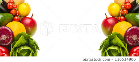 Fruits and vegetables isolated on white. Free space for text. Collage. Wide photo. Fruits and vegetables isolated on white. Free space for text. Collage. Wide photo. 110534900
