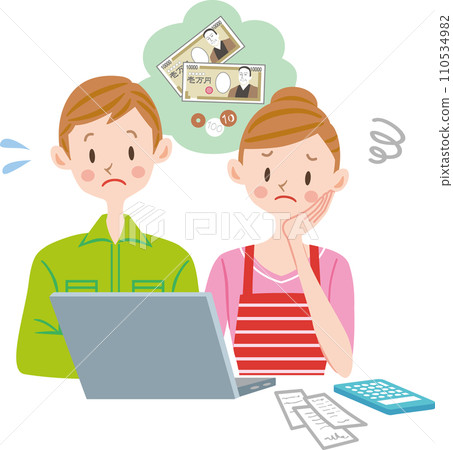 Couple keeping household account book, deficit, troubled Couple keeping household account book, deficit, troubled 110534982