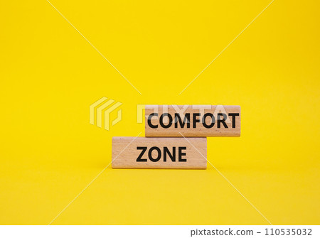 Comfort zone symbol. Concept word Comfort zone on wooden blocks. Beautiful yellow background. Business and Comfort zone concept. Copy space Comfort zone symbol. Concept word Comfort zone on wooden blocks. Beautiful yellow background. Business and Comfort zone concept. Copy space 110535032