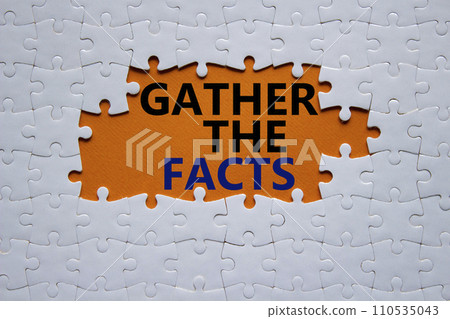 Gather the facts symbol. Concept words Gather the facts on white puzzle. Beautiful orange background. Business and Gather the facts concept. Copy space. Gather the facts symbol. Concept words Gather the facts on white puzzle. Beautiful orange background. Business and Gather the facts concept. Copy space. 110535043