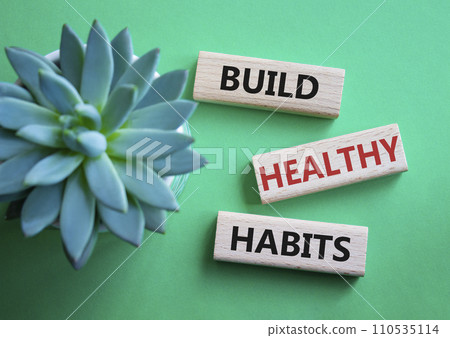 Healthy habits symbol. Concept word Build Healthy habits on wooden blocks. Beautiful green background with succulent plant. Healthy lifestyle and Healthy habits concept. Copy space 110535114