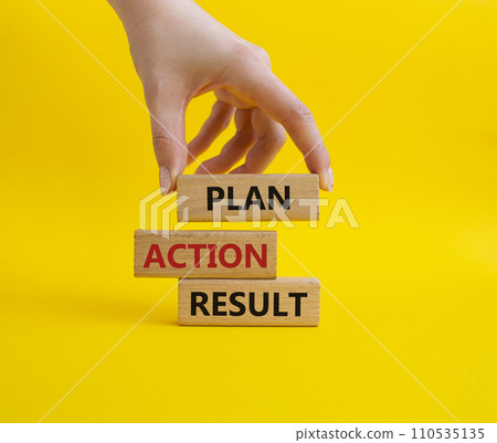 Plan Action Result symbol. Concept words Plan Action Result on wooden blocks. Businessman hand. Beautiful yellow background. Business concept and Plan Action Result. Copy space. 110535135
