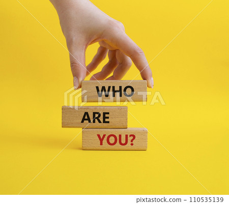 Who are You symbol. Concept words Who are You on wooden blocks. Businessman hand. Beautiful yellow background. Business and Who are You concept. Copy space. 110535139