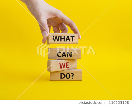 What can we do symbol. Wooden blocks with words What can we do. Businessman hand. Beautiful yellow background. Business and What can we do concept. Copy space. What can we do symbol. Wooden blocks with words What can we do. Businessman hand. Beautiful yellow background. Business and What can we do concept. Copy space. 110535198
